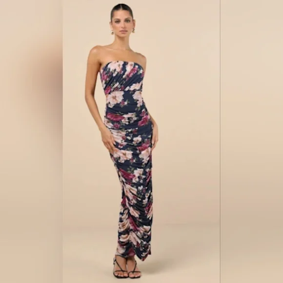 Lulu's Strapless Floral Maxi Dress - Navy and Pink - Picture 7 of 8